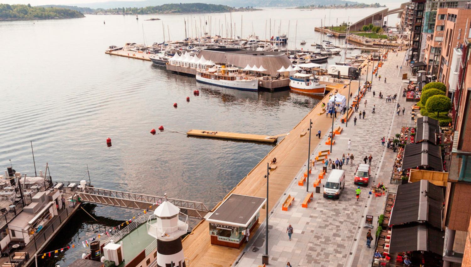 Overblikksbilde over bryggen og promenaden.