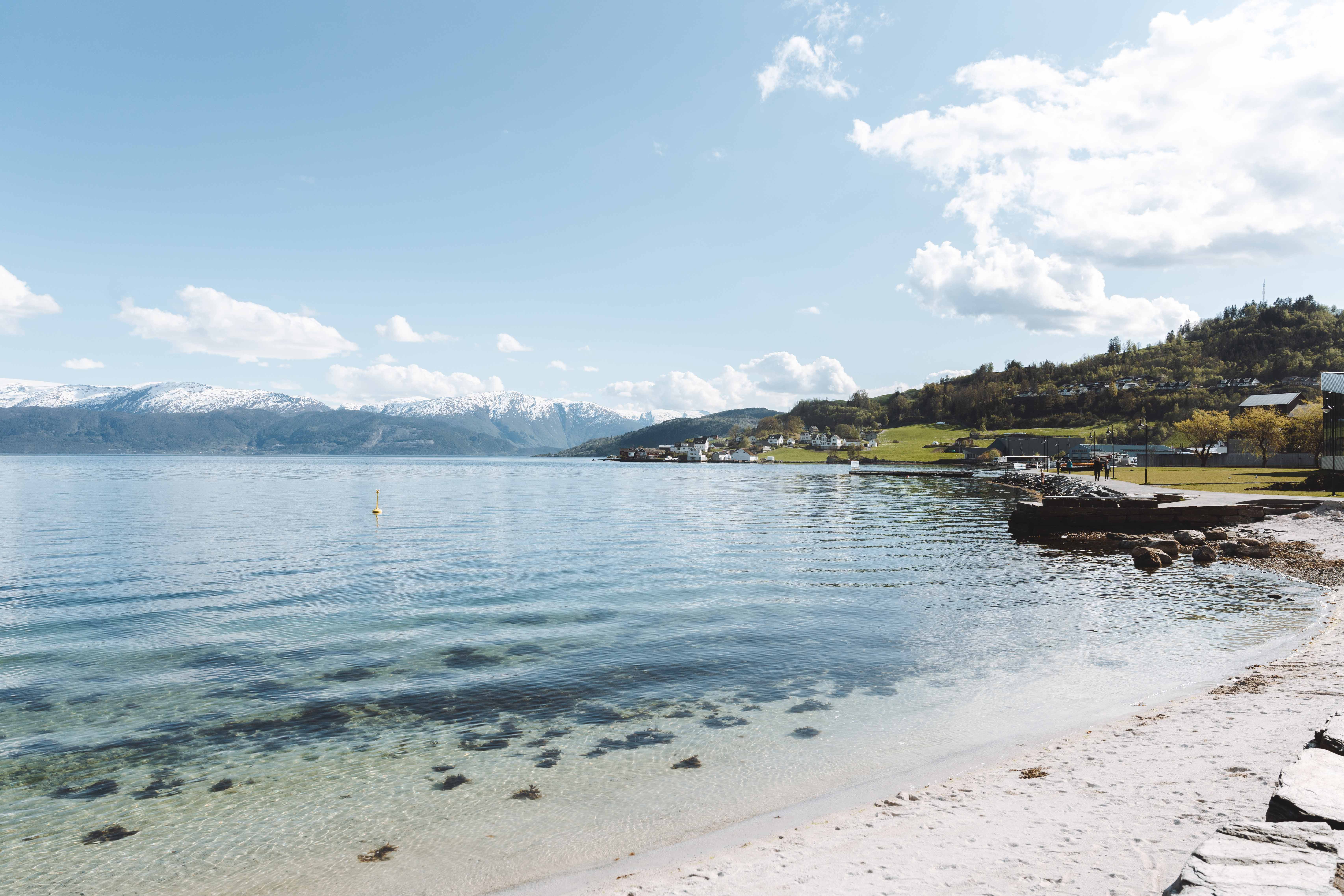 Rolig strandlinje med klart vann og snødekte fjell i det fjerne.