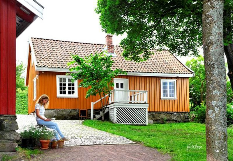 Munch sitt hus sett fra oppkjørselen. Jente sitter foran huset.