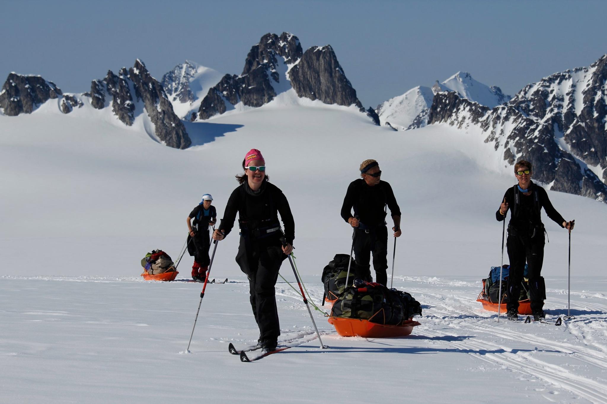 A tour group pulling sleds while skiing