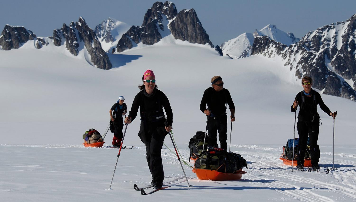 A tour group pulling sleds while skiing