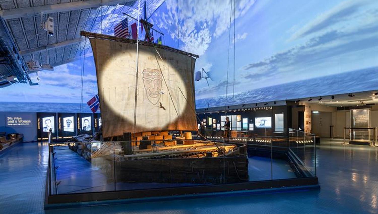 Kon-Tiki-flåten med omgitt av en skyet himmel på skjerm