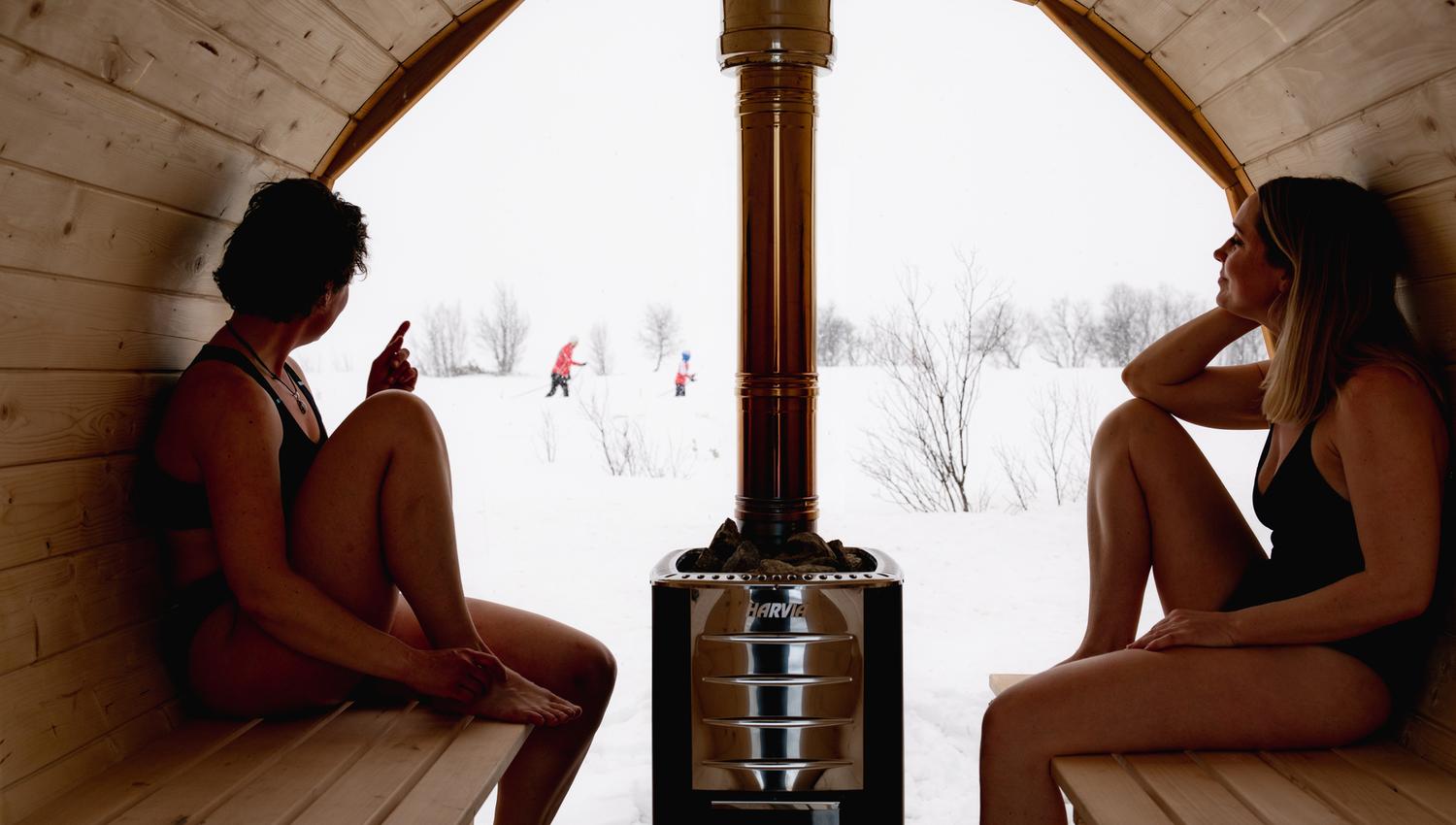 Two women are sitting inside the sauna.