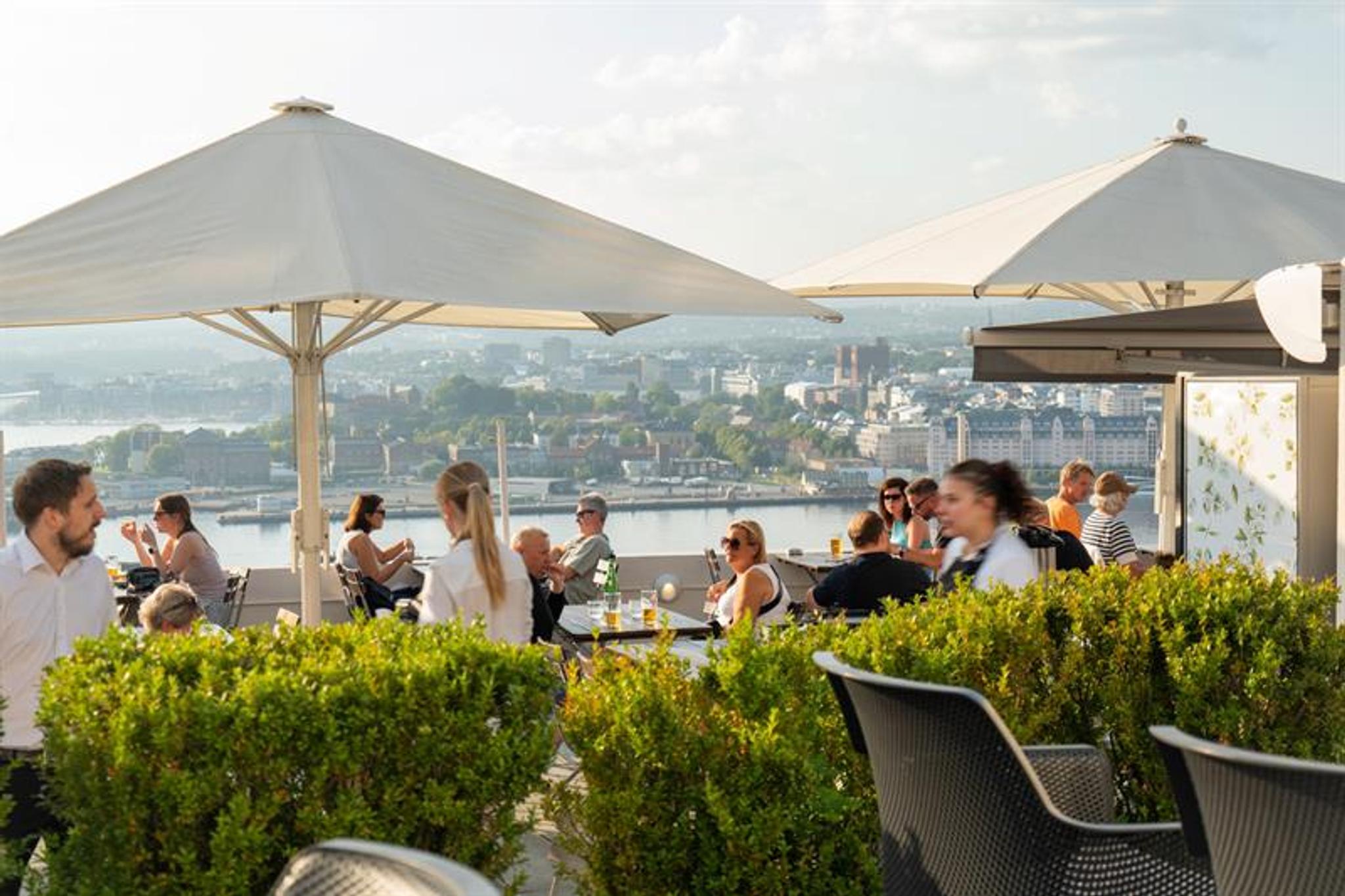 Guests enjoy food and drinks on a sunny rooftop terrace with panoramic views over Oslo and the fjord.