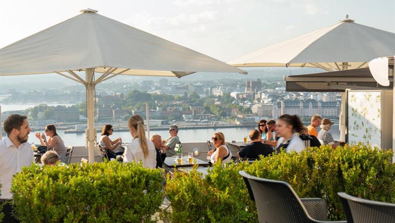 Guests enjoy food and drinks on a sunny rooftop terrace with panoramic views over Oslo and the fjord.
