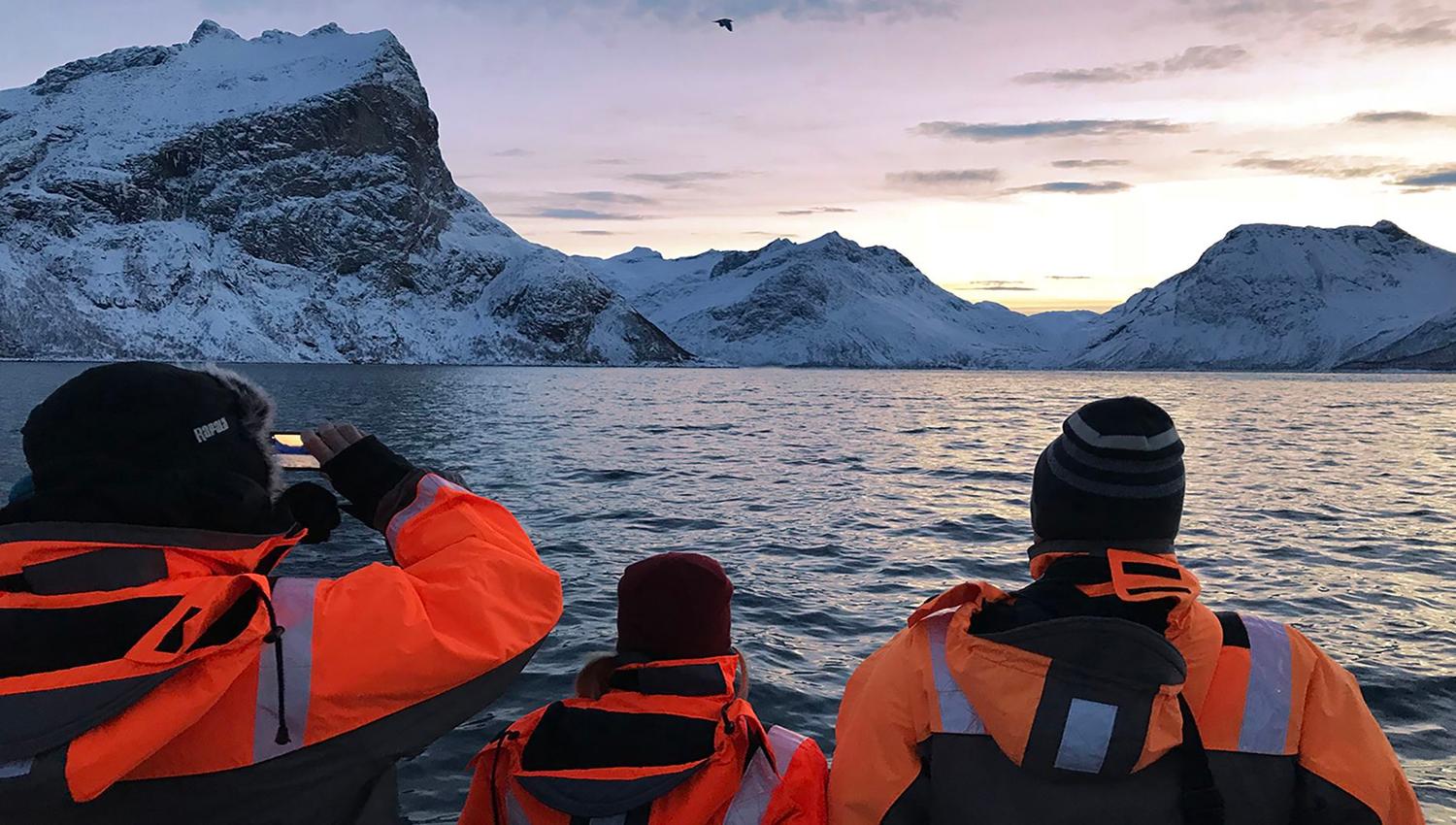 Guests on the boat enjoying a view of the mountains and the sea