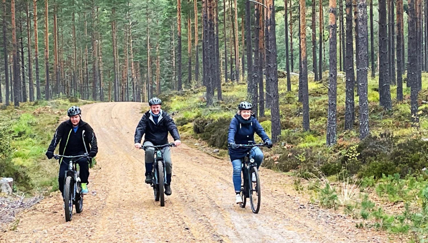 3 personer på sykkeltur gjennom skogen i Drangedal