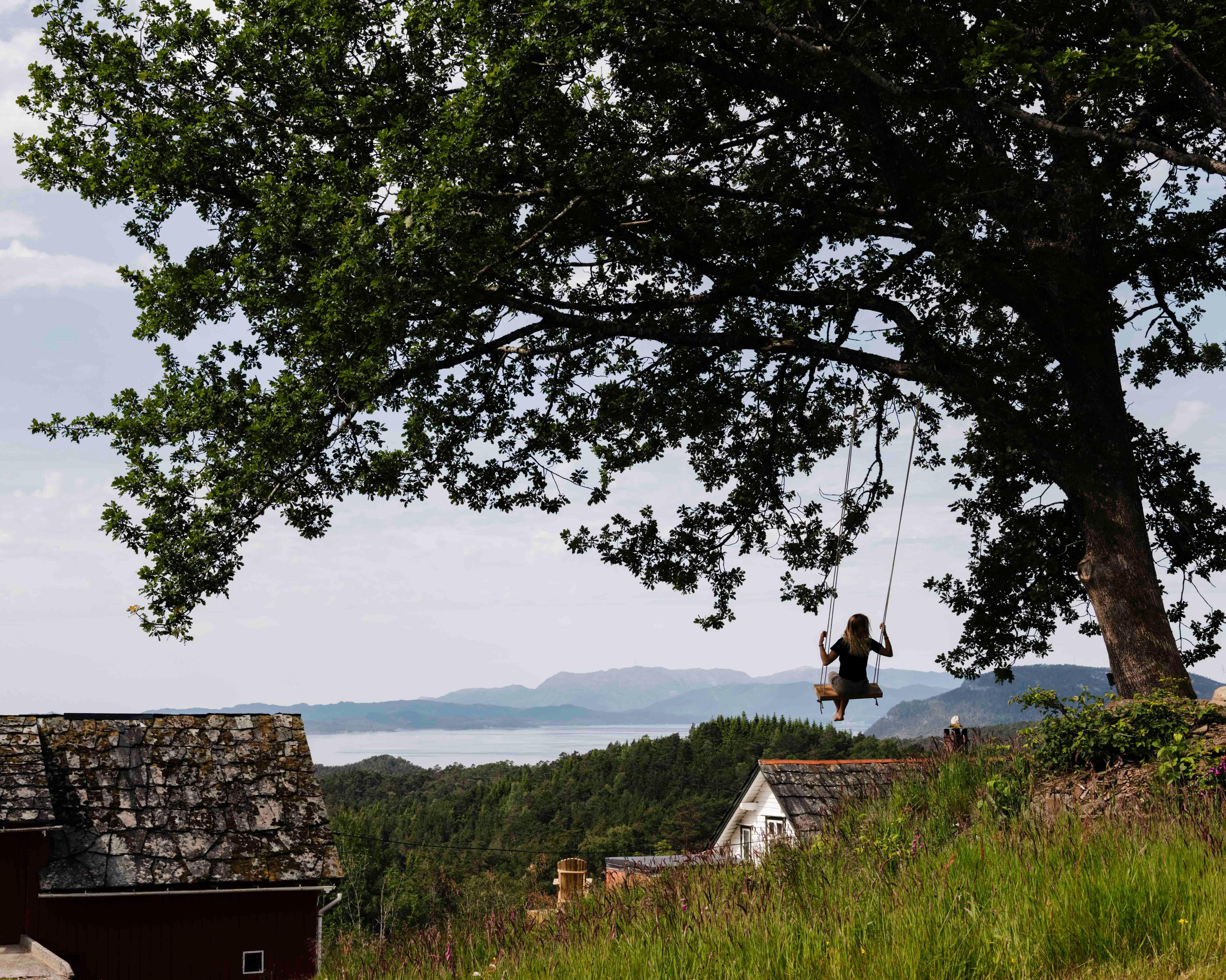 Person på huske i eiketreet med utsikt over Hardangerfjorden ved Stigen Fjordlodge.