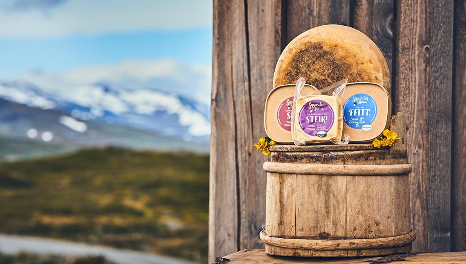 Mountain farm products with beautiful mountains in the distance