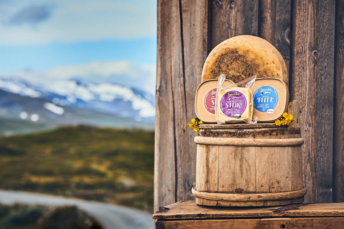 Mountain farm products with beautiful mountains in the distance