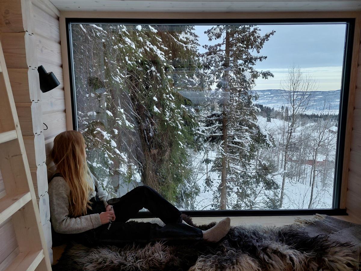 Person sitting by a large cabin window looking out at a snowy forest landscape.