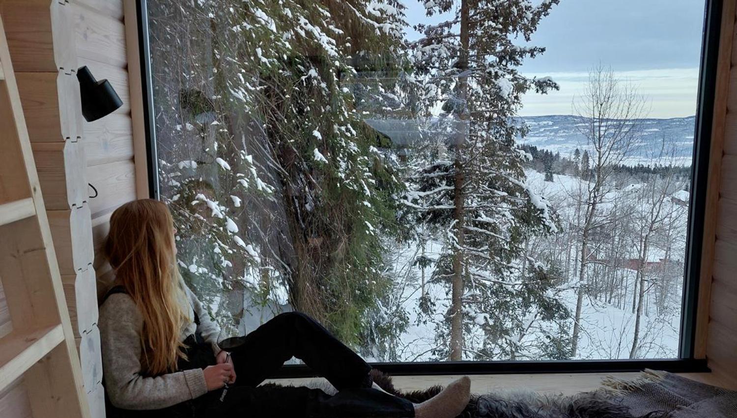 Person sitting by a large cabin window looking out at a snowy forest landscape.