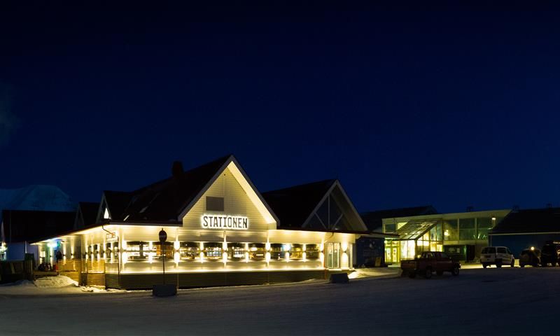 Stationen's exterior as seen during the dark season