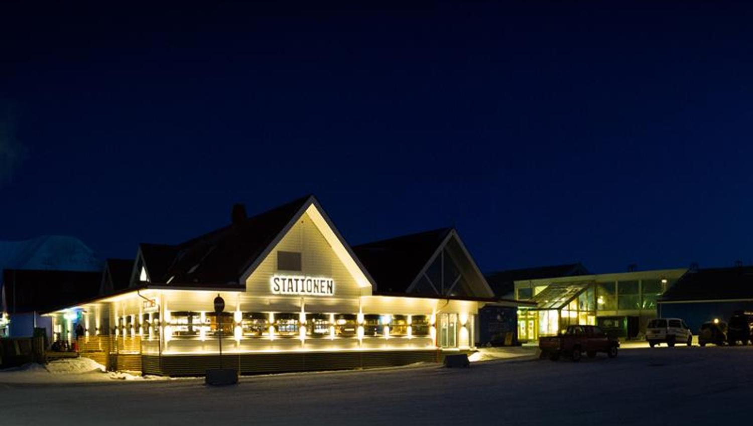 Stationen's exterior as seen during the dark season