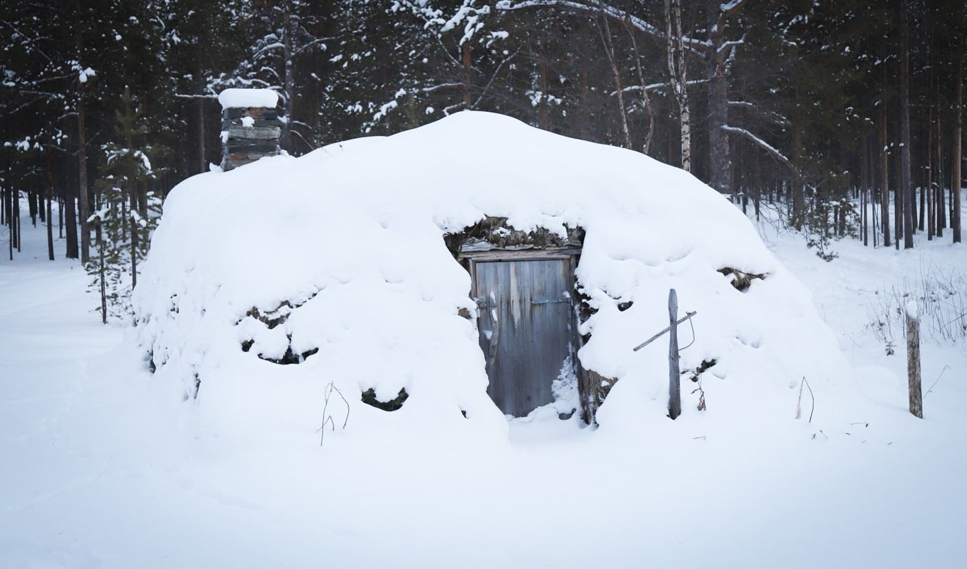 Sparrolavdnjegoahti (torvgamme med taksperre) i friluftsmuseet tidlig på våren.
