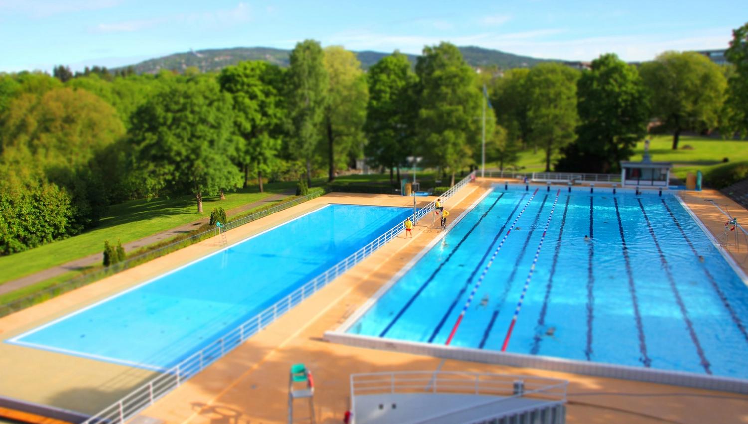 Two outdoor pools with trees in the background.