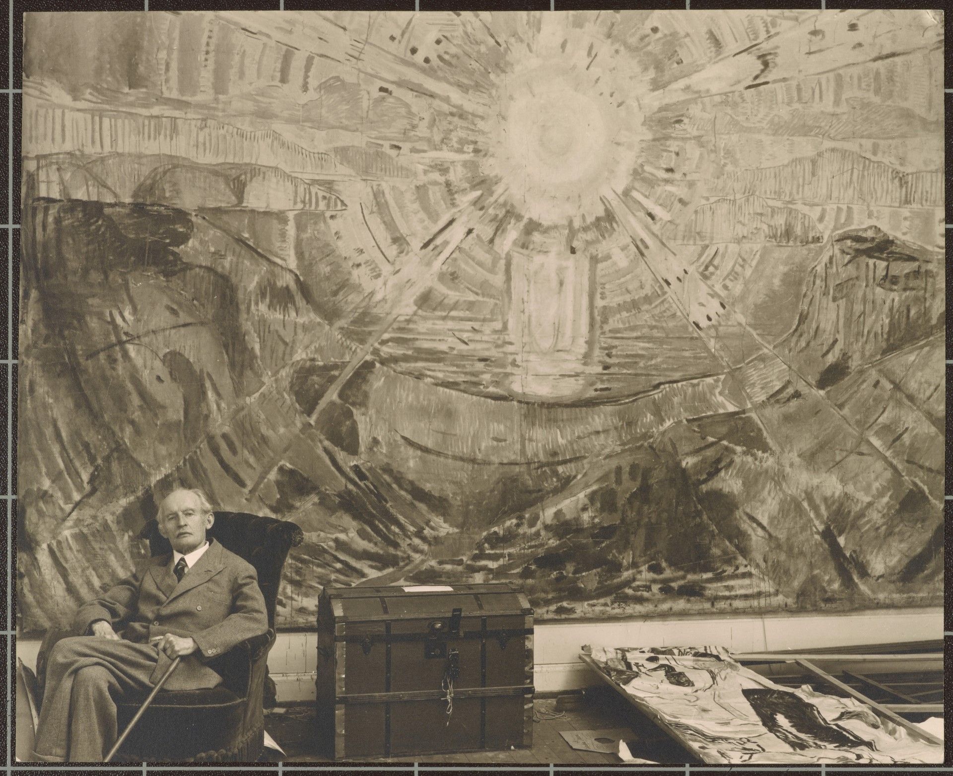 Edvard Munch in front of the Sun in the winter studio at Ekely 1943