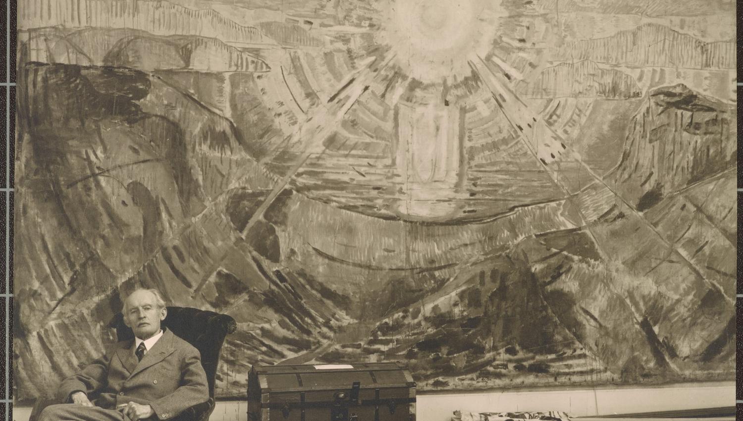 Edvard Munch in front of the Sun in the winter studio at Ekely 1943