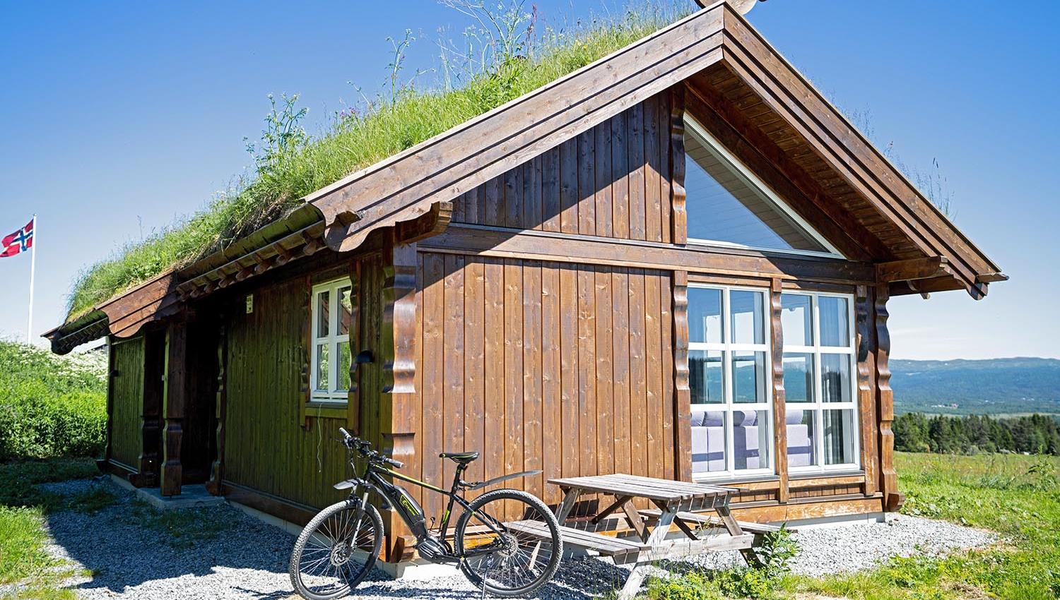 Cabin with grass roof and a bicycle parked outside