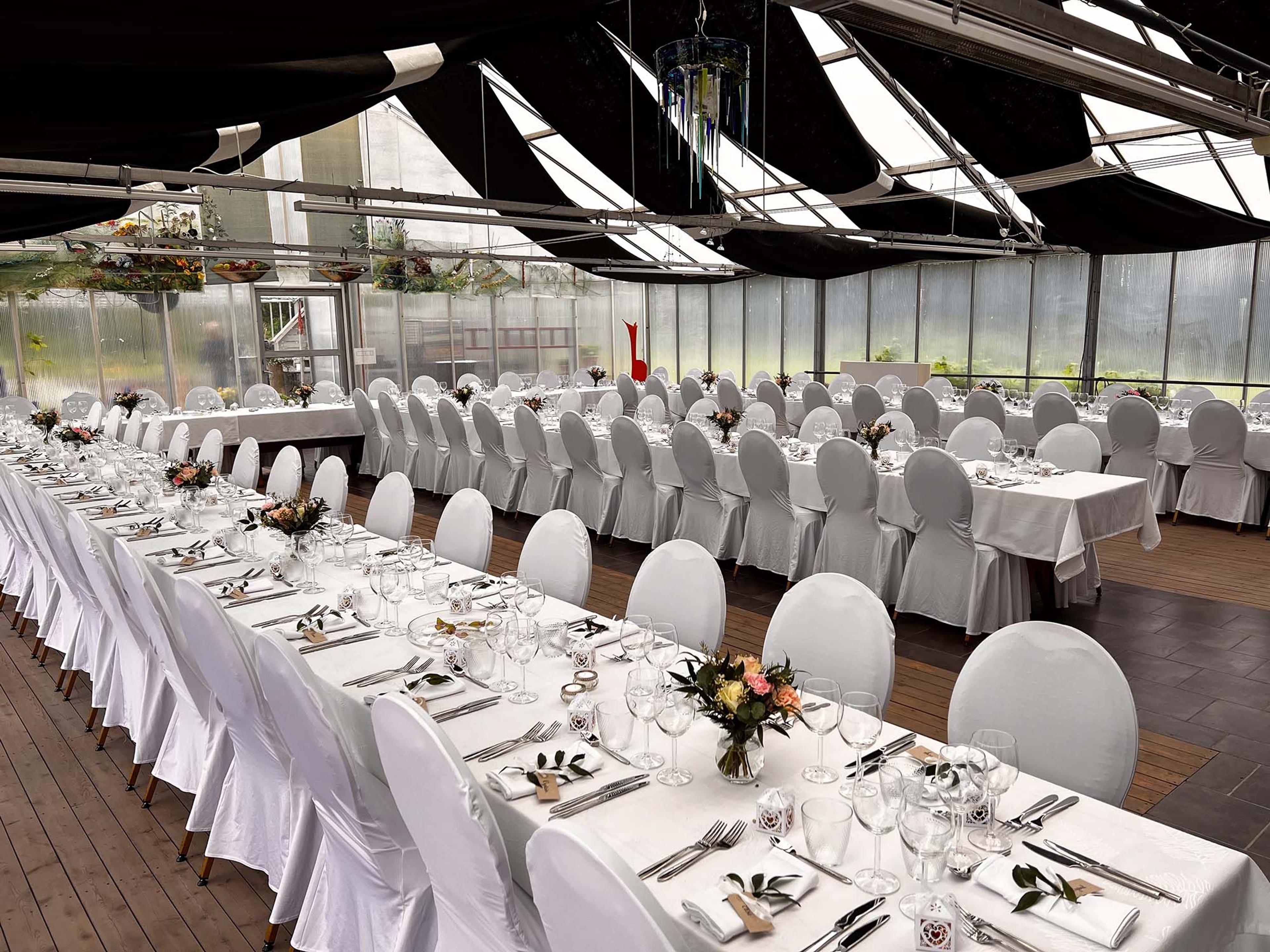 Dekket bord til selskap i drivhuset på Yttervik gård