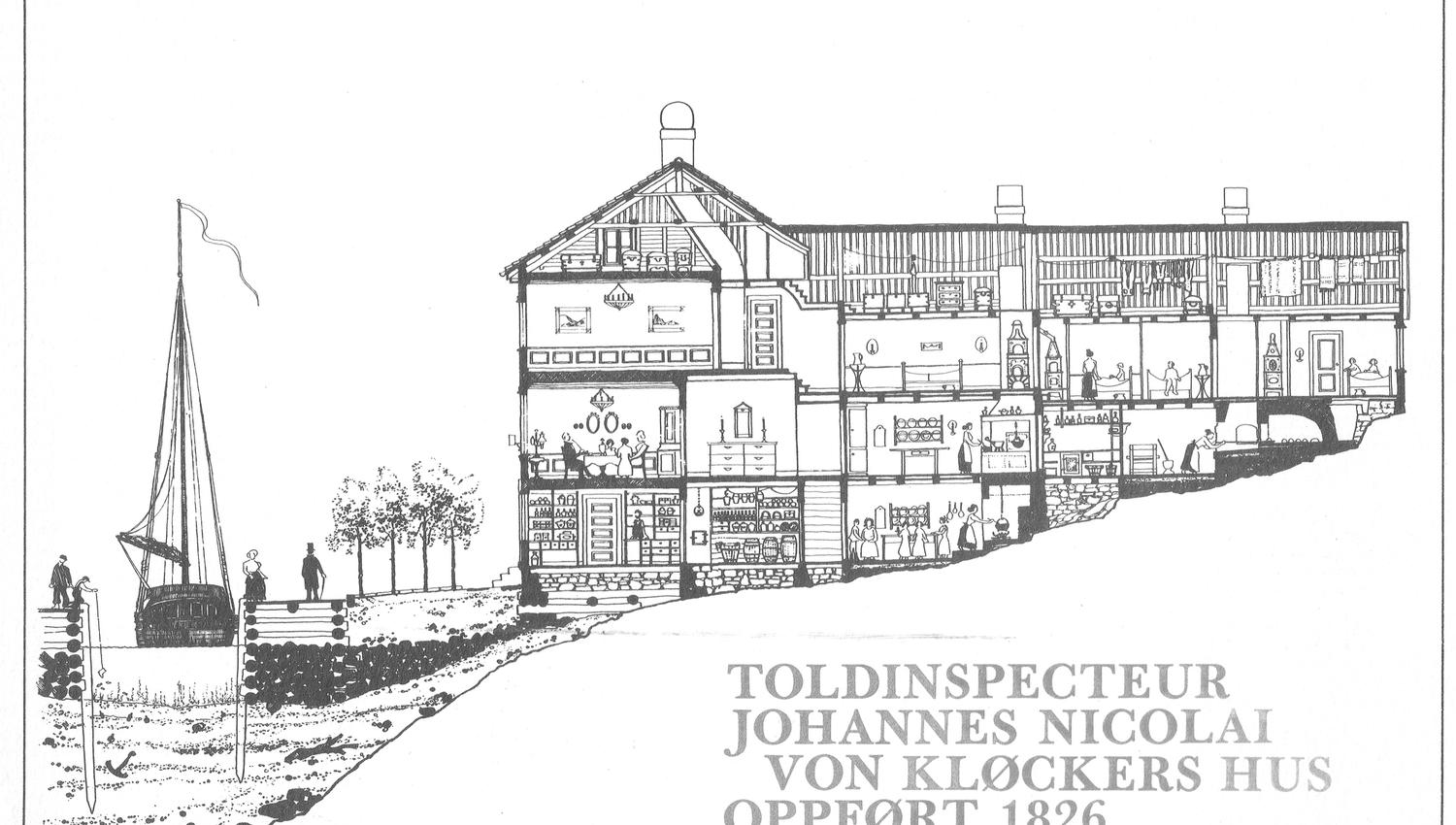 Arkitekttegning av Kløckers Hus - Arendal Bymuseum
