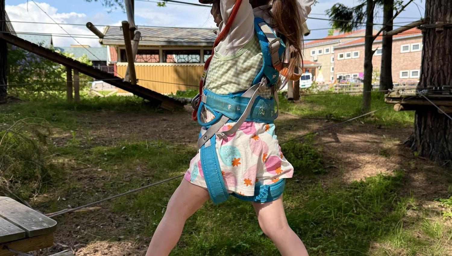 A person balancing on a slackline in the forest as part of an obstacle course.