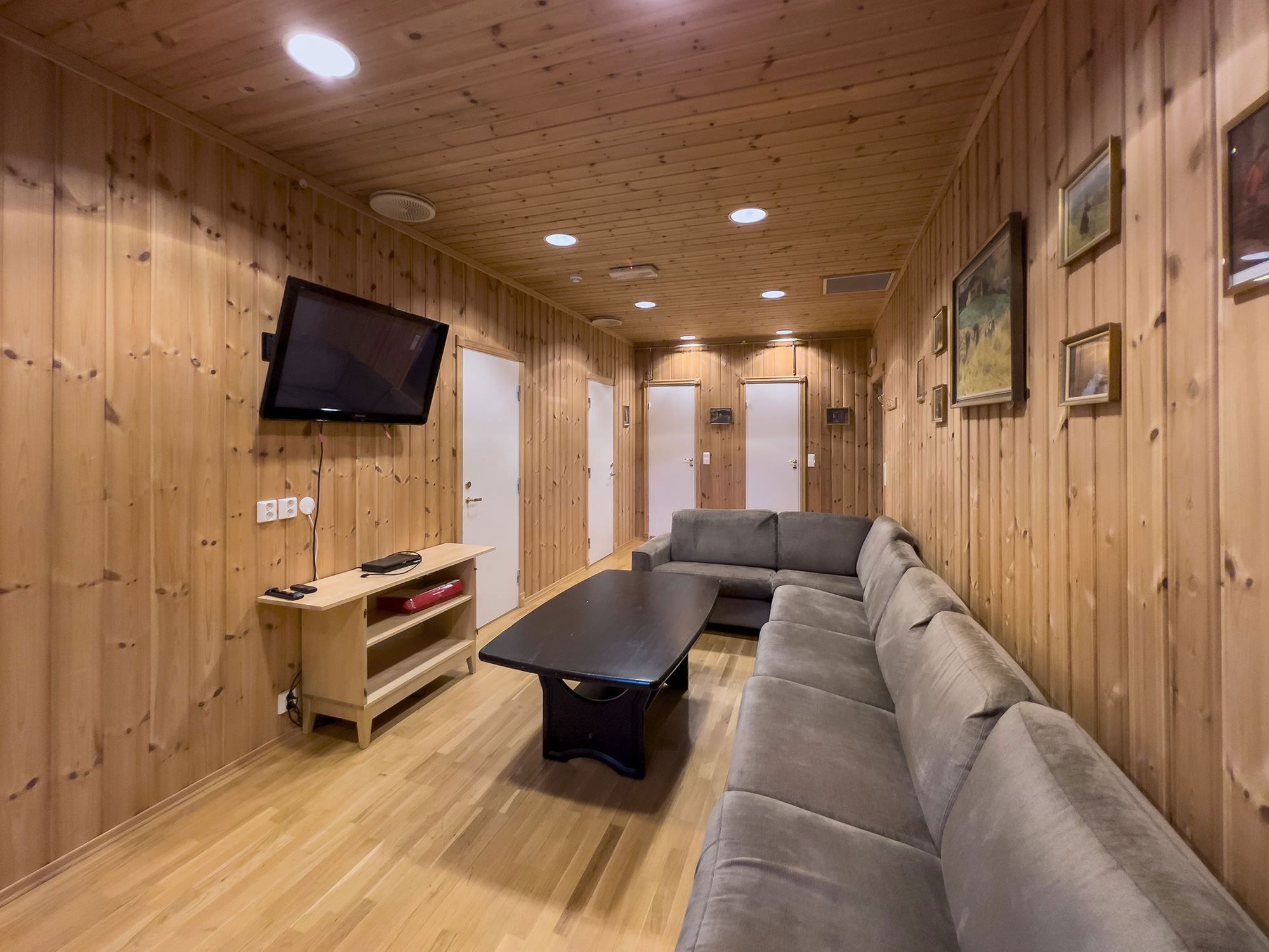 TV room with sofa and table.