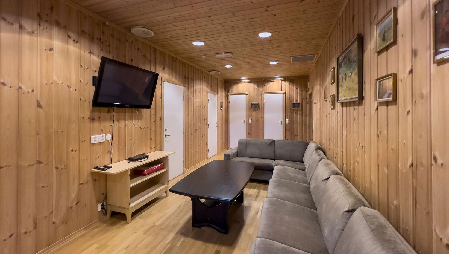 TV room with sofa and table.