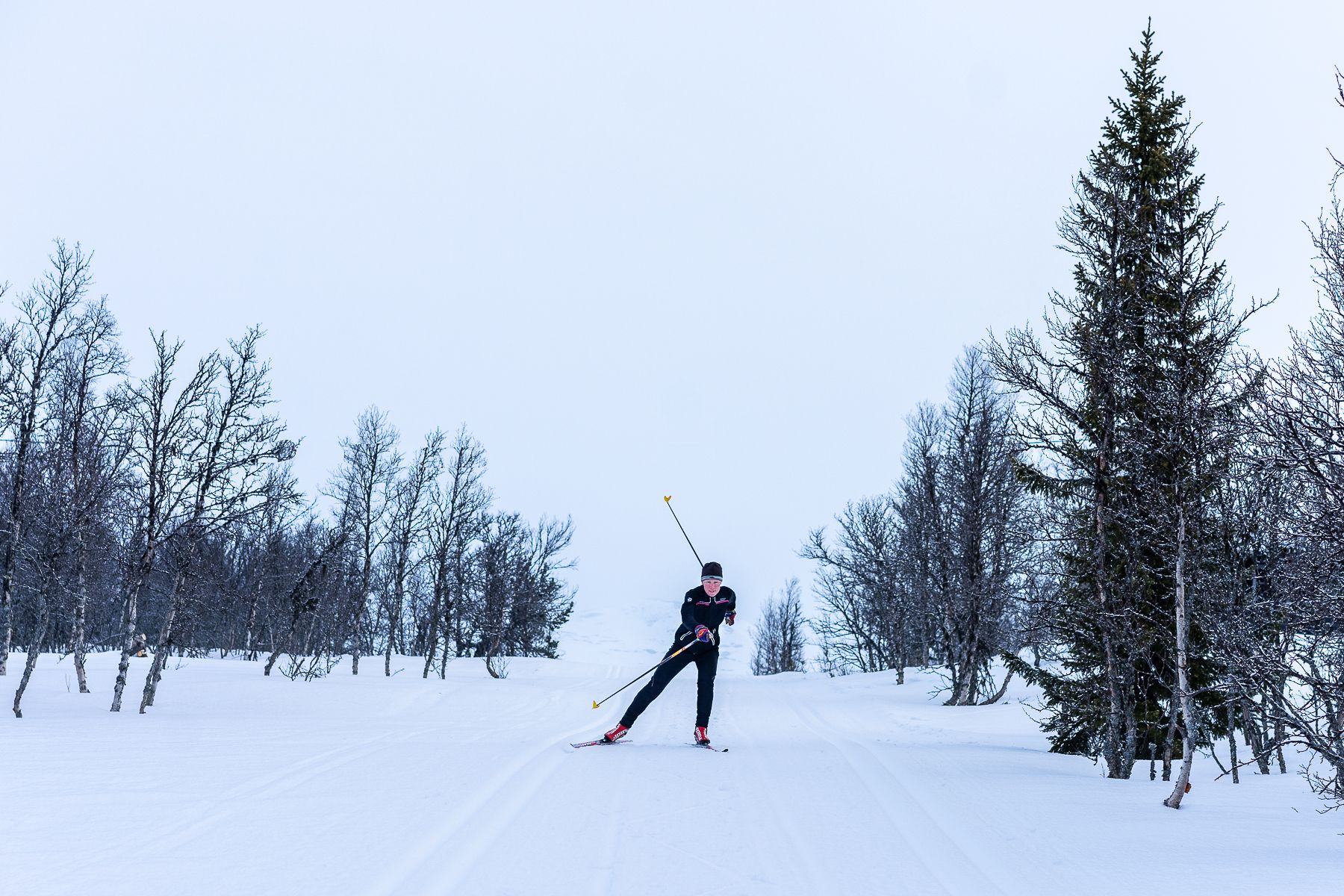 Skier skate skis towards the camera