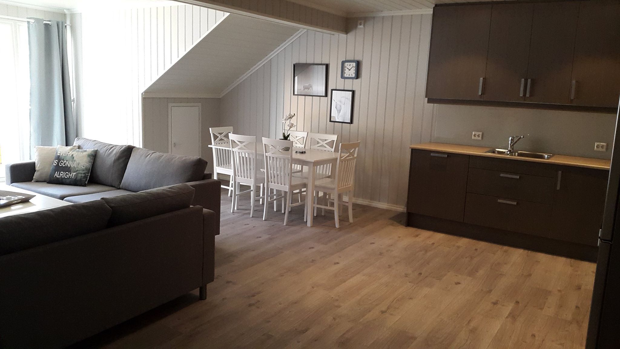 living room and kitchen in the apartment of Rognstranda camping 