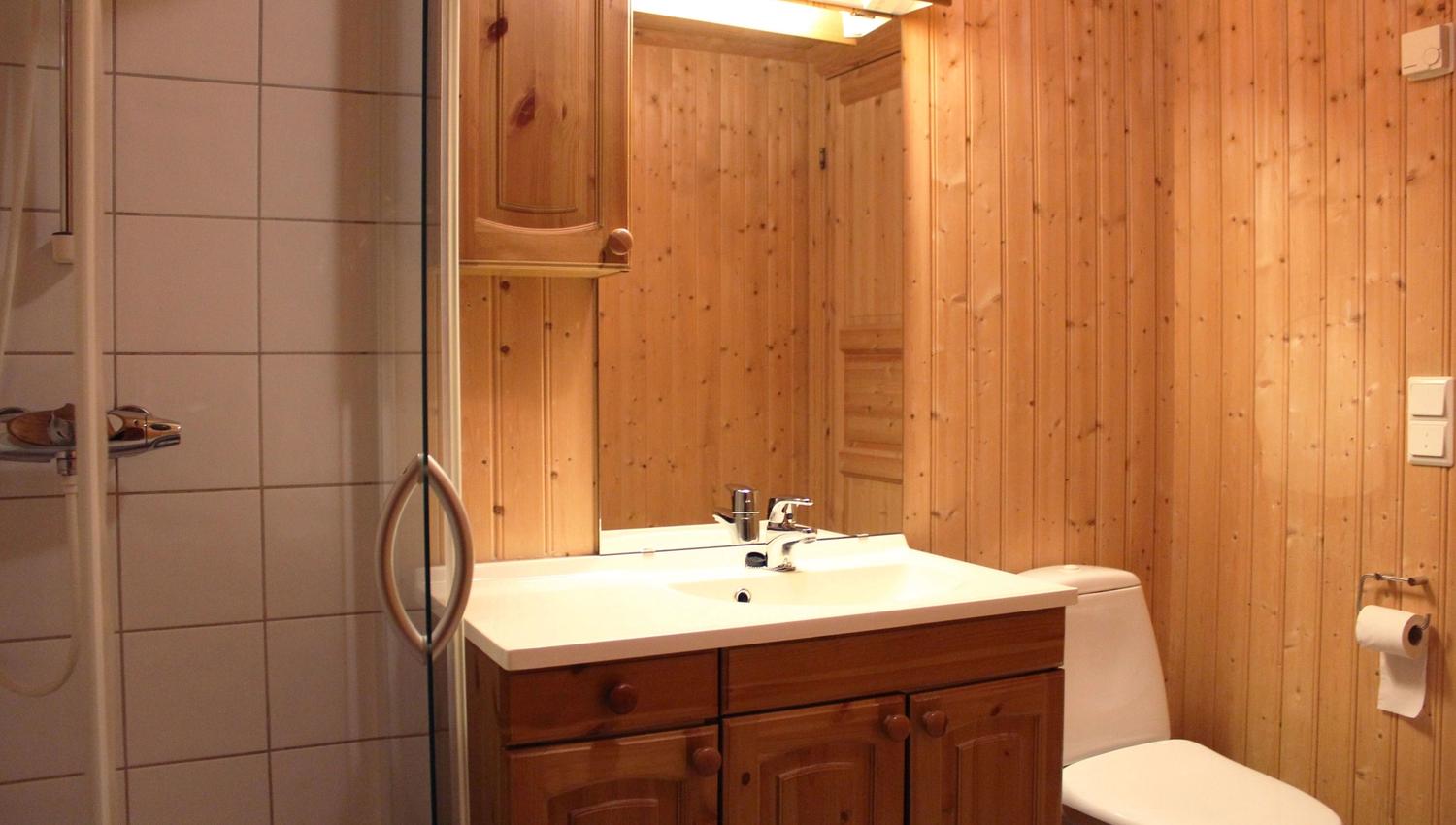 A bathroom with wooden wall and sink.