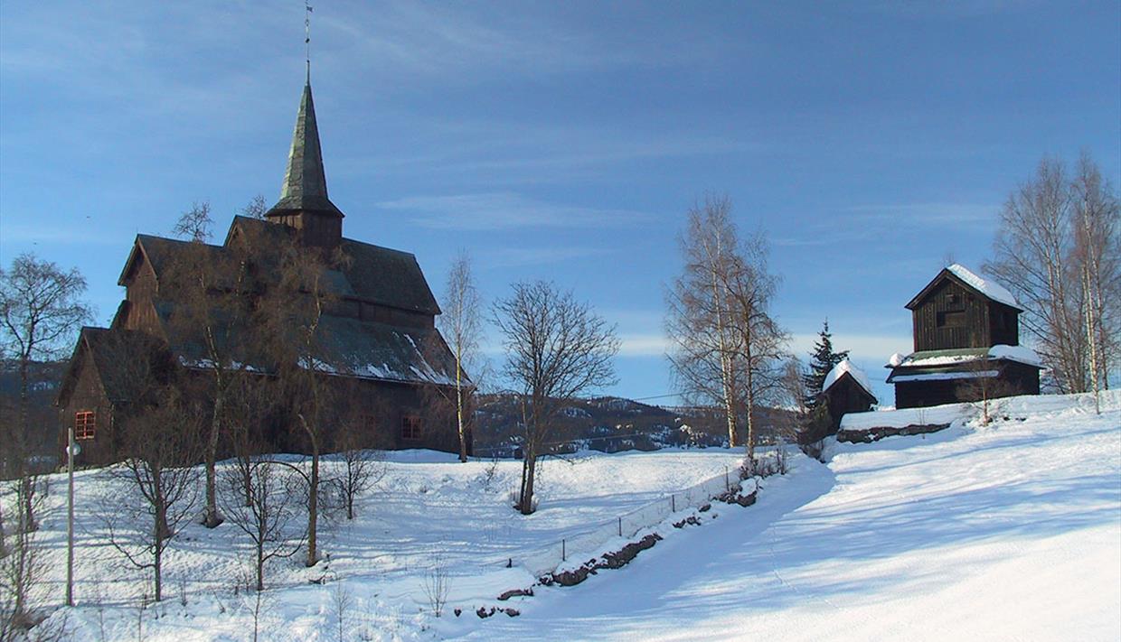 Høre Stave church a winter's day.