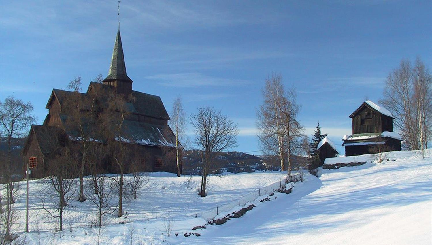 Høre Stave church a winter's day.