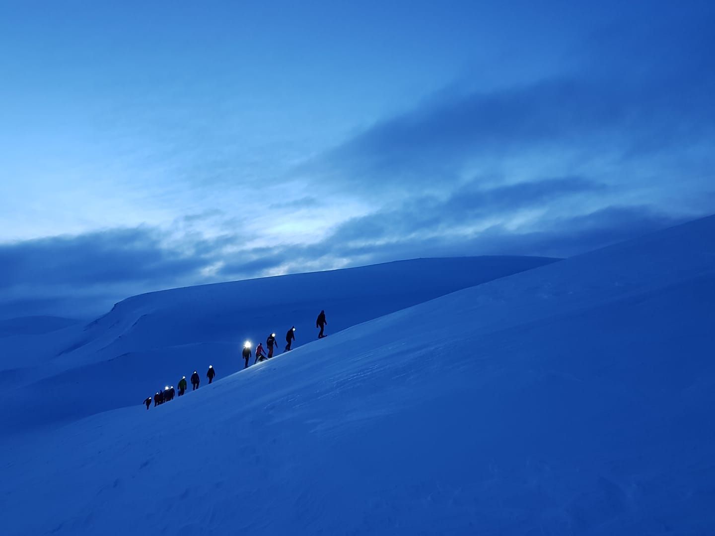 A group of people wearing snowshoes and headlamps on their way up to Halnekollen during blue hour.