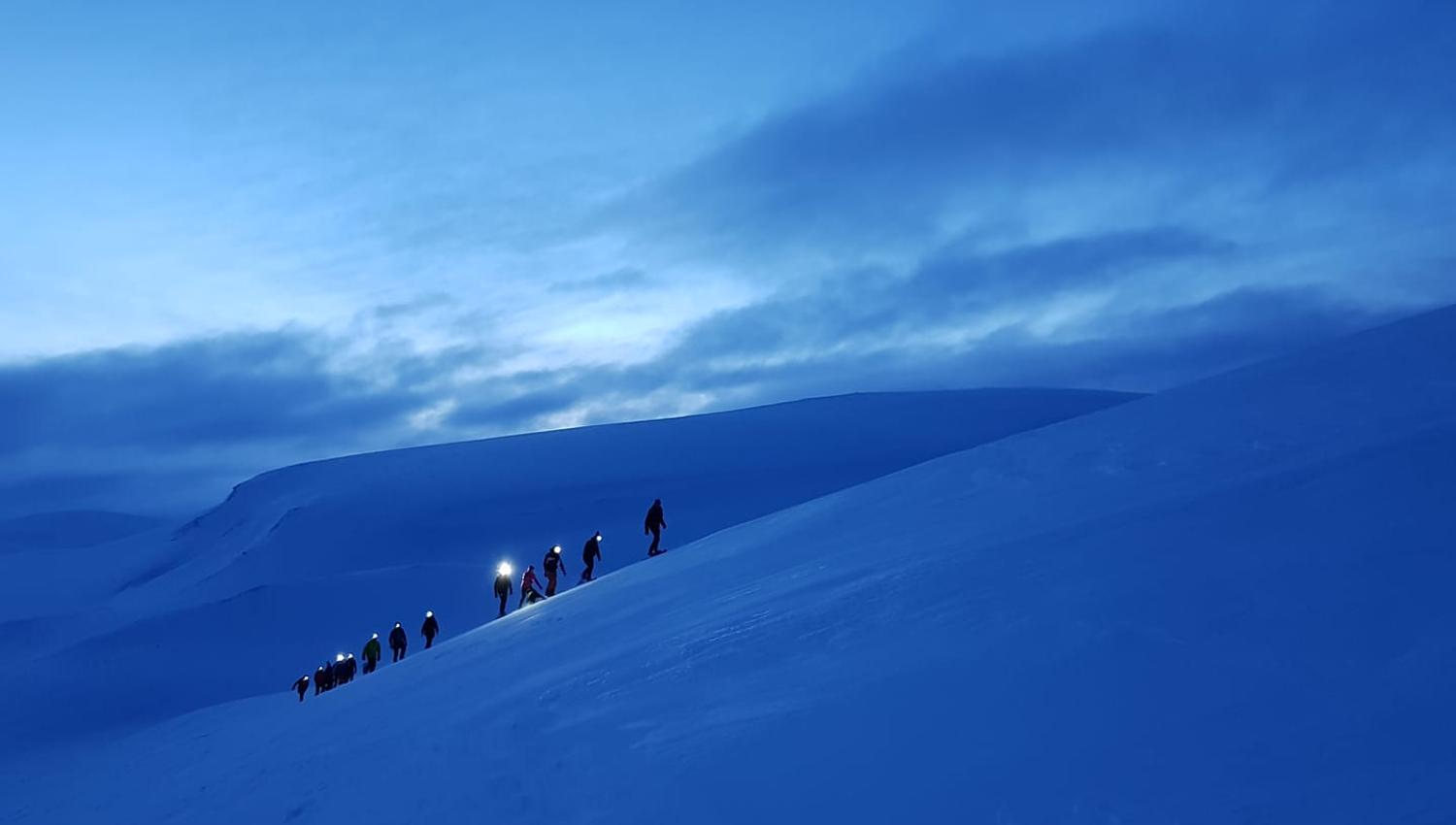 A group of people wearing snowshoes and headlamps on their way up to Halnekollen during blue hour.