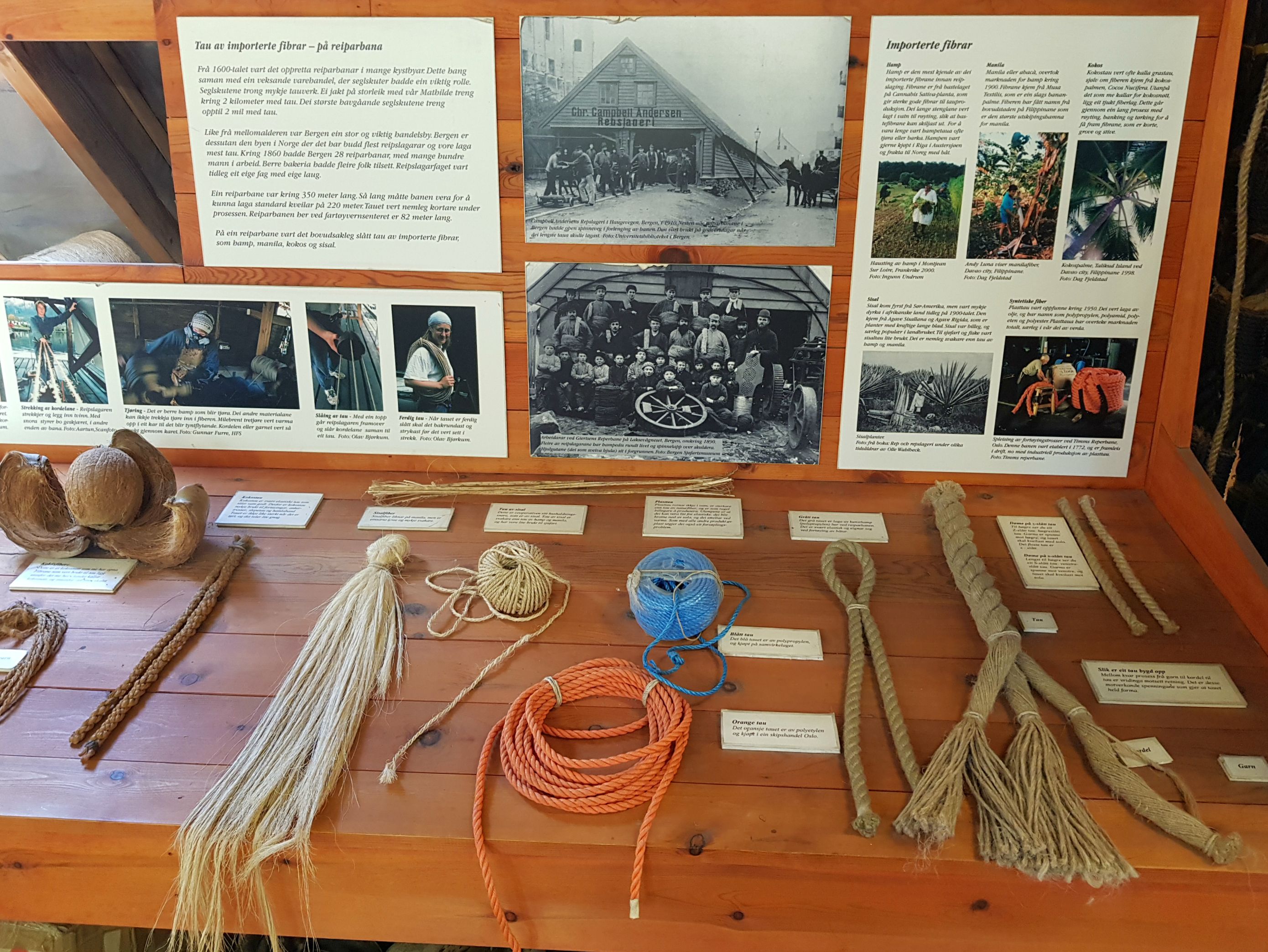 Close-up of various ropes and ship equipment on display at Hardanger Maritime Center.