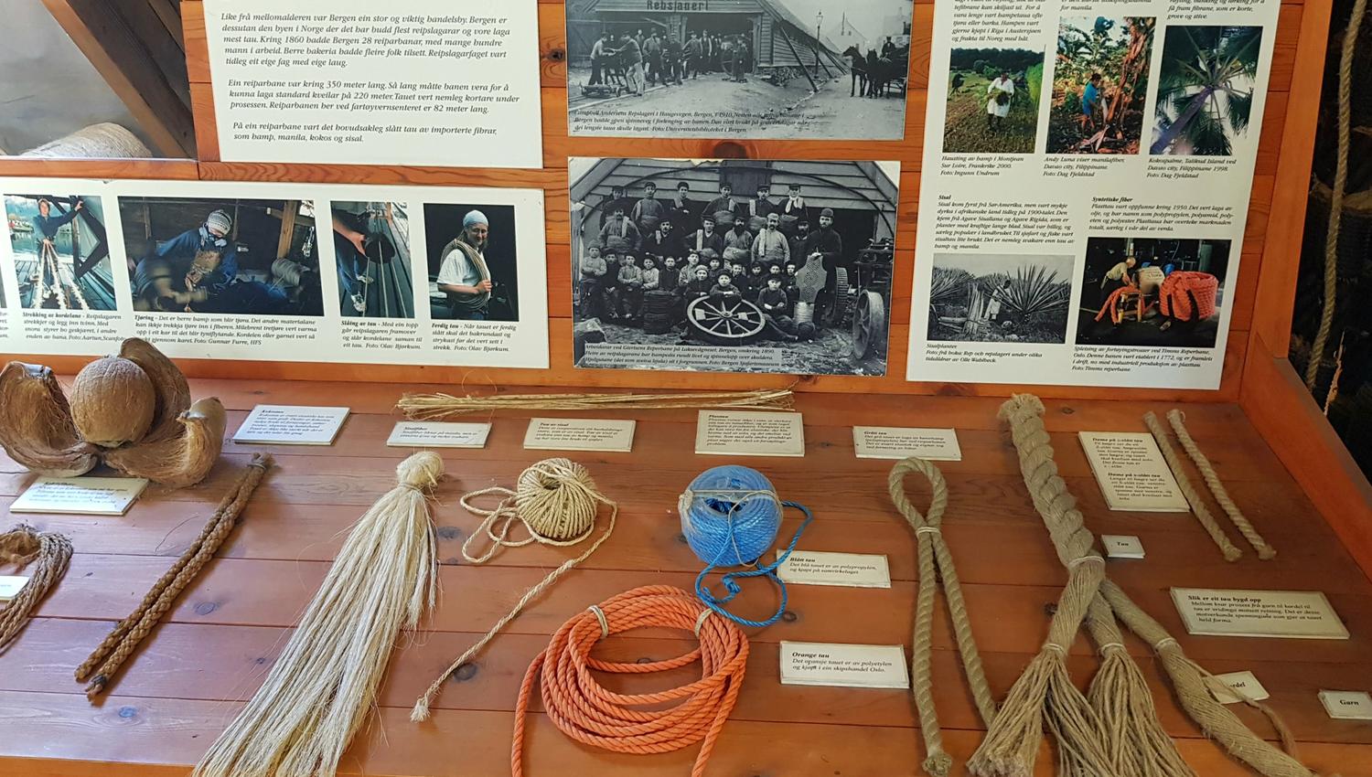 Close-up of various ropes and ship equipment on display at Hardanger Maritime Center.