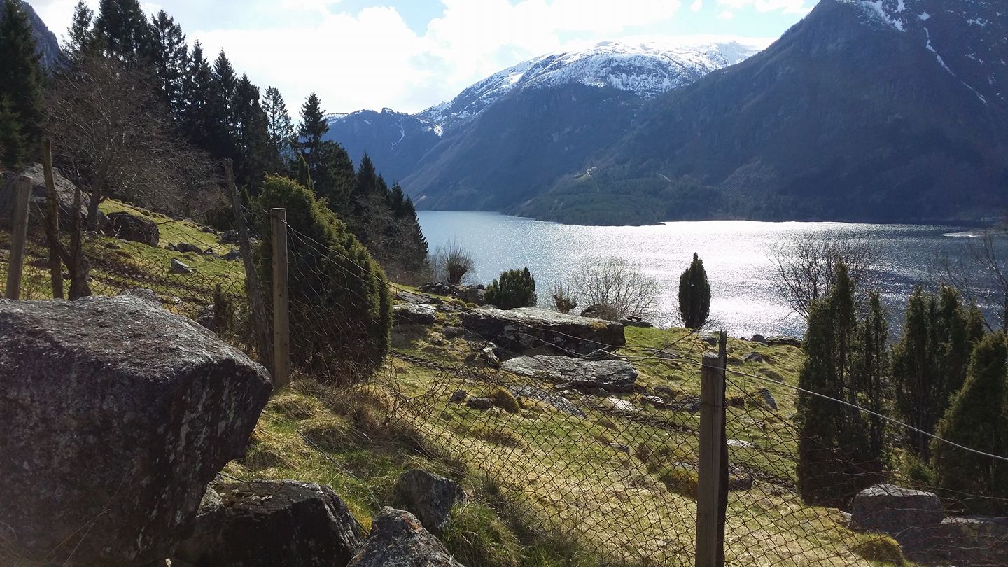 Kulturstien Hjøllo–Mannsåker slyngjer seg langs fjorden med utsikt mot bratte fjell og glitrande vatn.