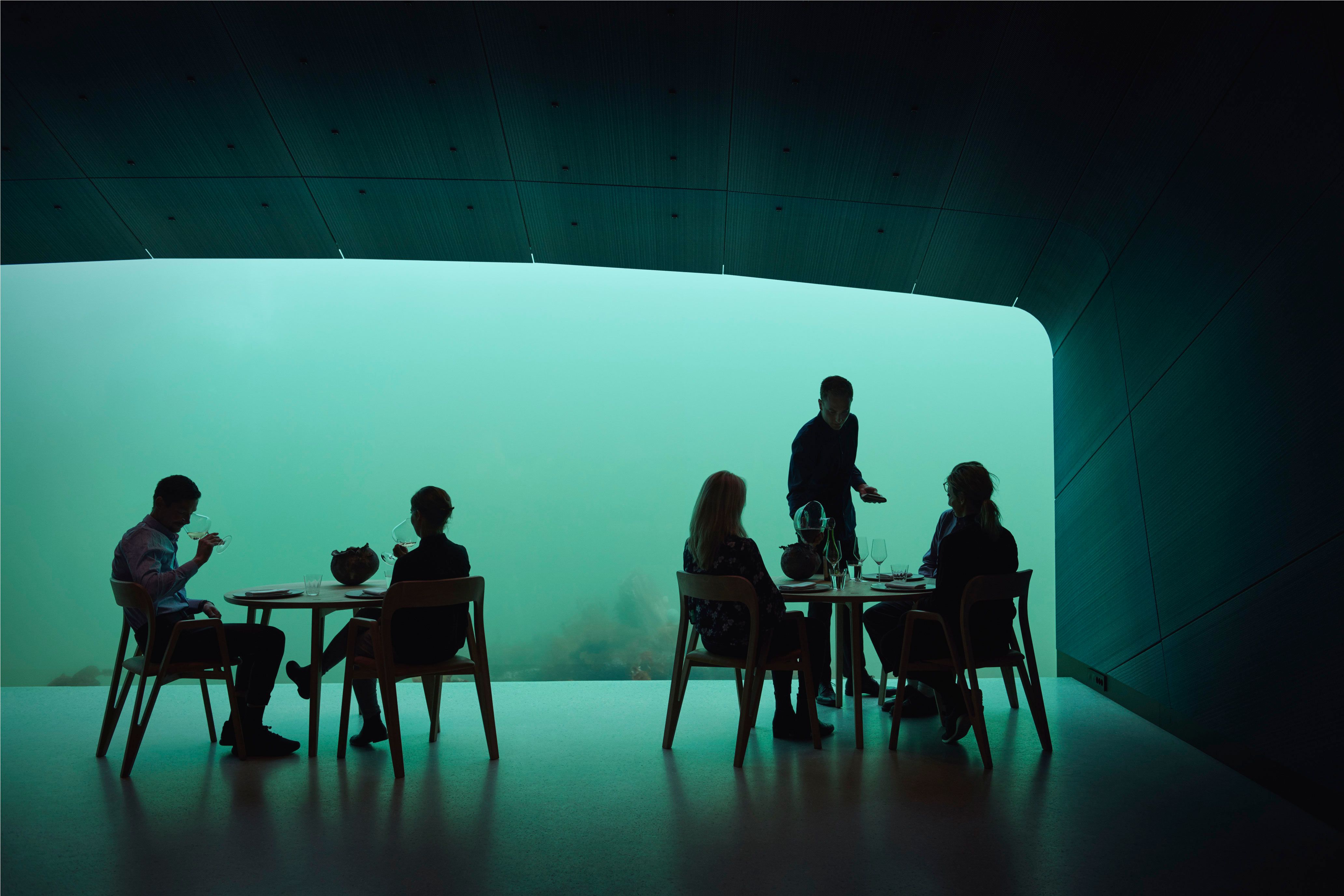 Two couples at separate tables, a waiter serving one of the tables. View toward the water, but mostly greenery and little to see.