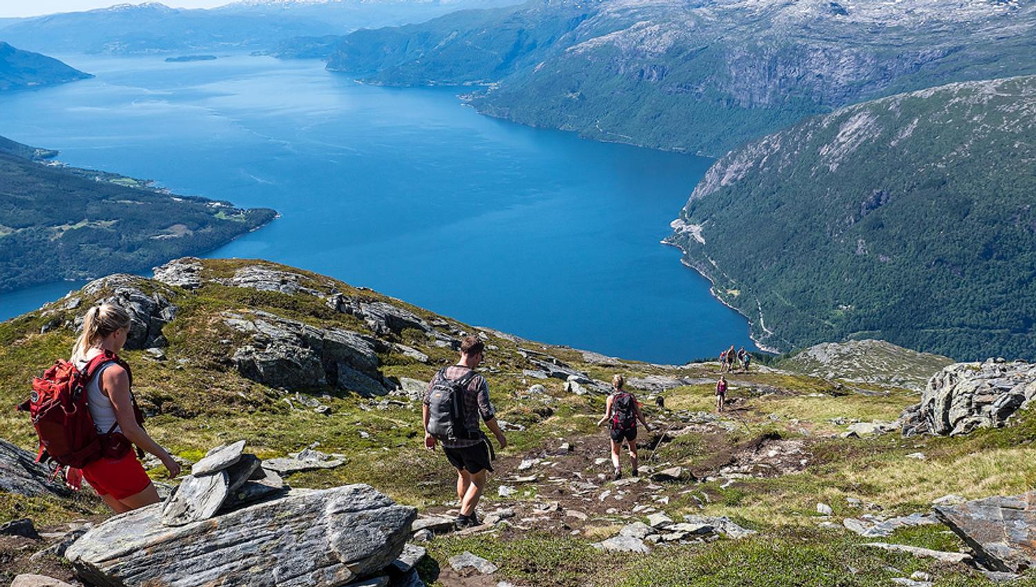 Gruppe turgåarar på veg nedover fjellet med blå fjordutsikt.