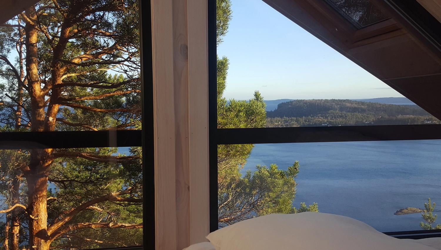 Utsikt ut over naturen og vannet fra vinduet