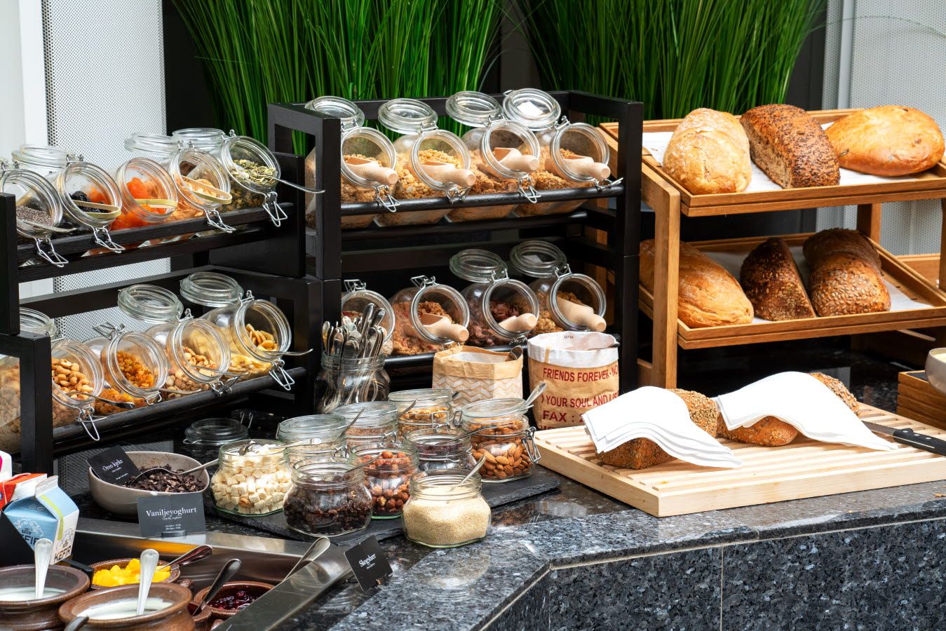 Cereal and bread at the breakfast buffet.
