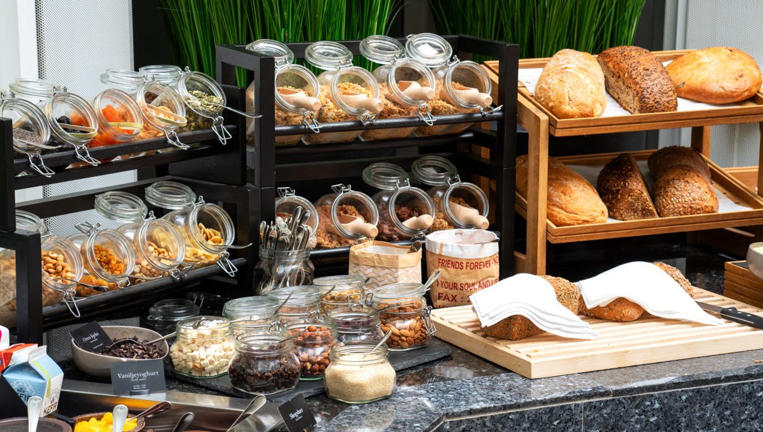 Cereal and bread at the breakfast buffet.