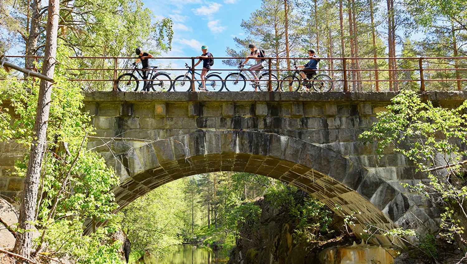 gruppe syklister sykler over en bro på sykkelveien "gamle Treungenbanen"