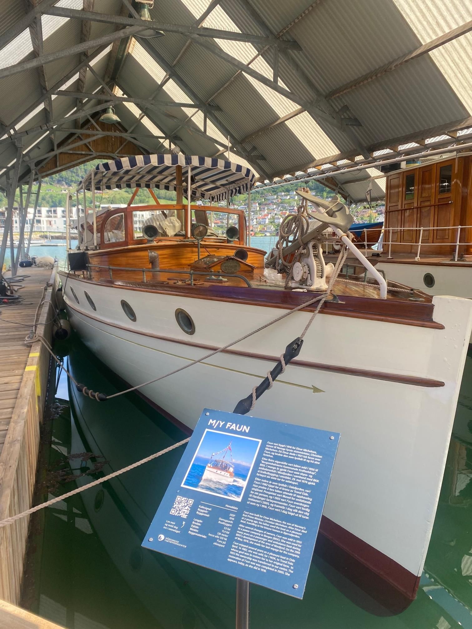 M/Y Faun, a classic wooden yacht, on display at Hardanger Maritime Center.