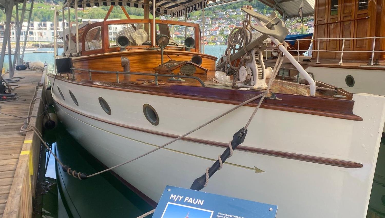 M/Y Faun, a classic wooden yacht, on display at Hardanger Maritime Center.