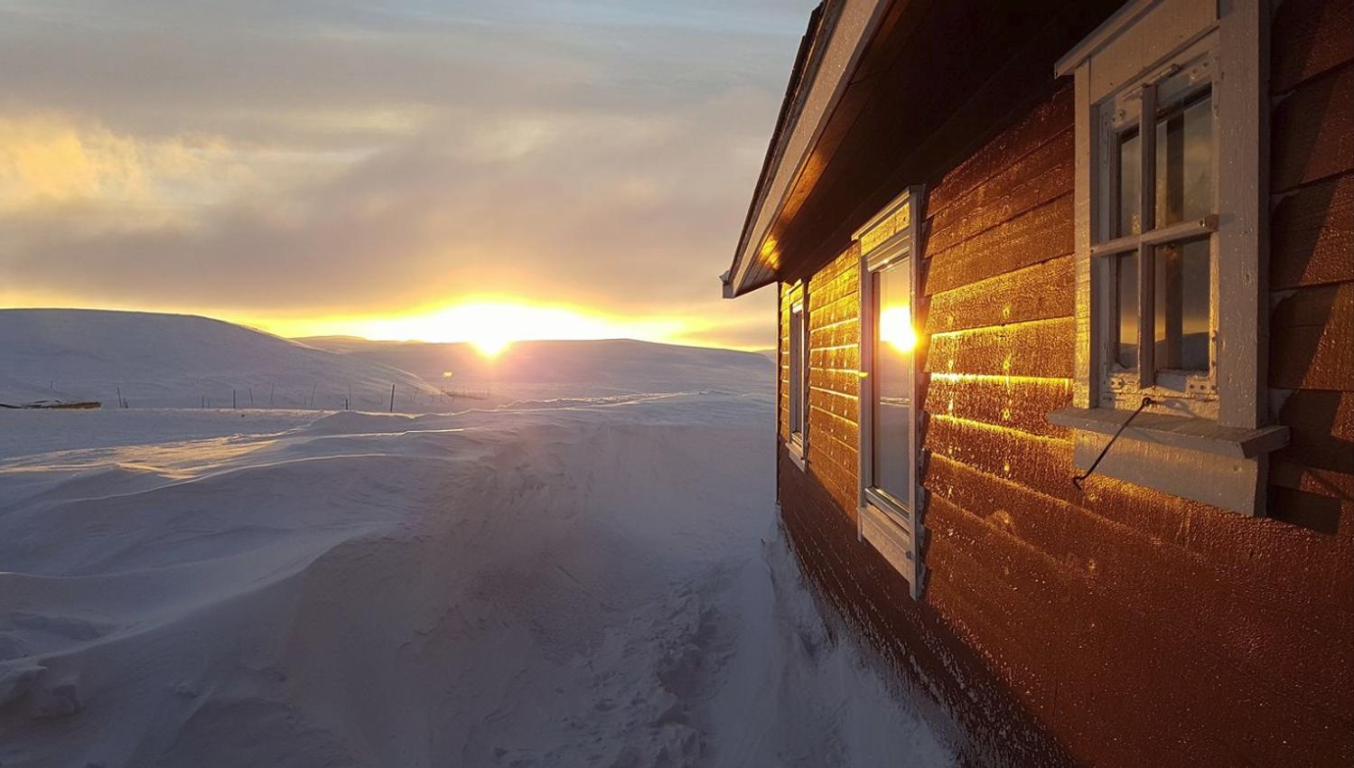 Dyranut Fjellstova under en vinter solnedgang.