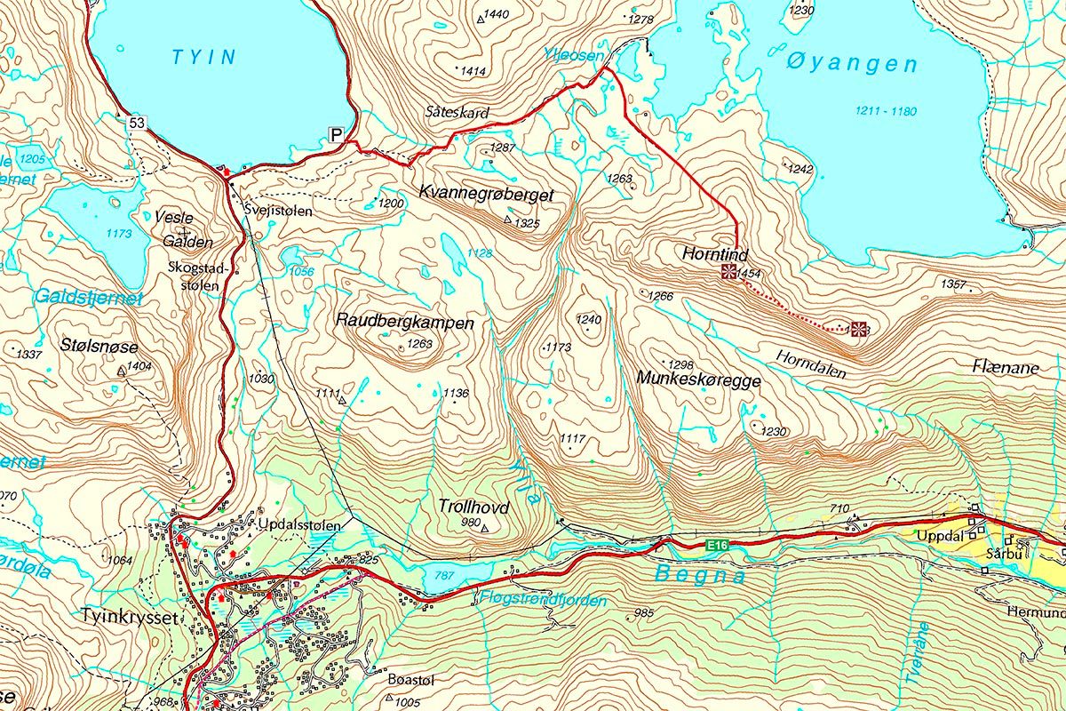 Map of the hiking trail to Horntind