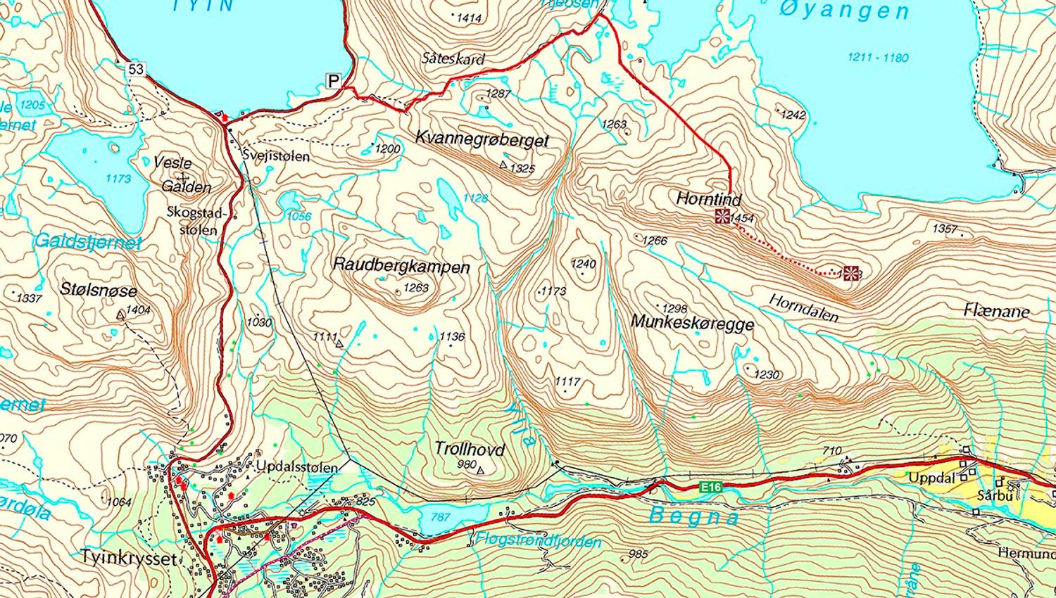 Map of the hiking trail to Horntind
