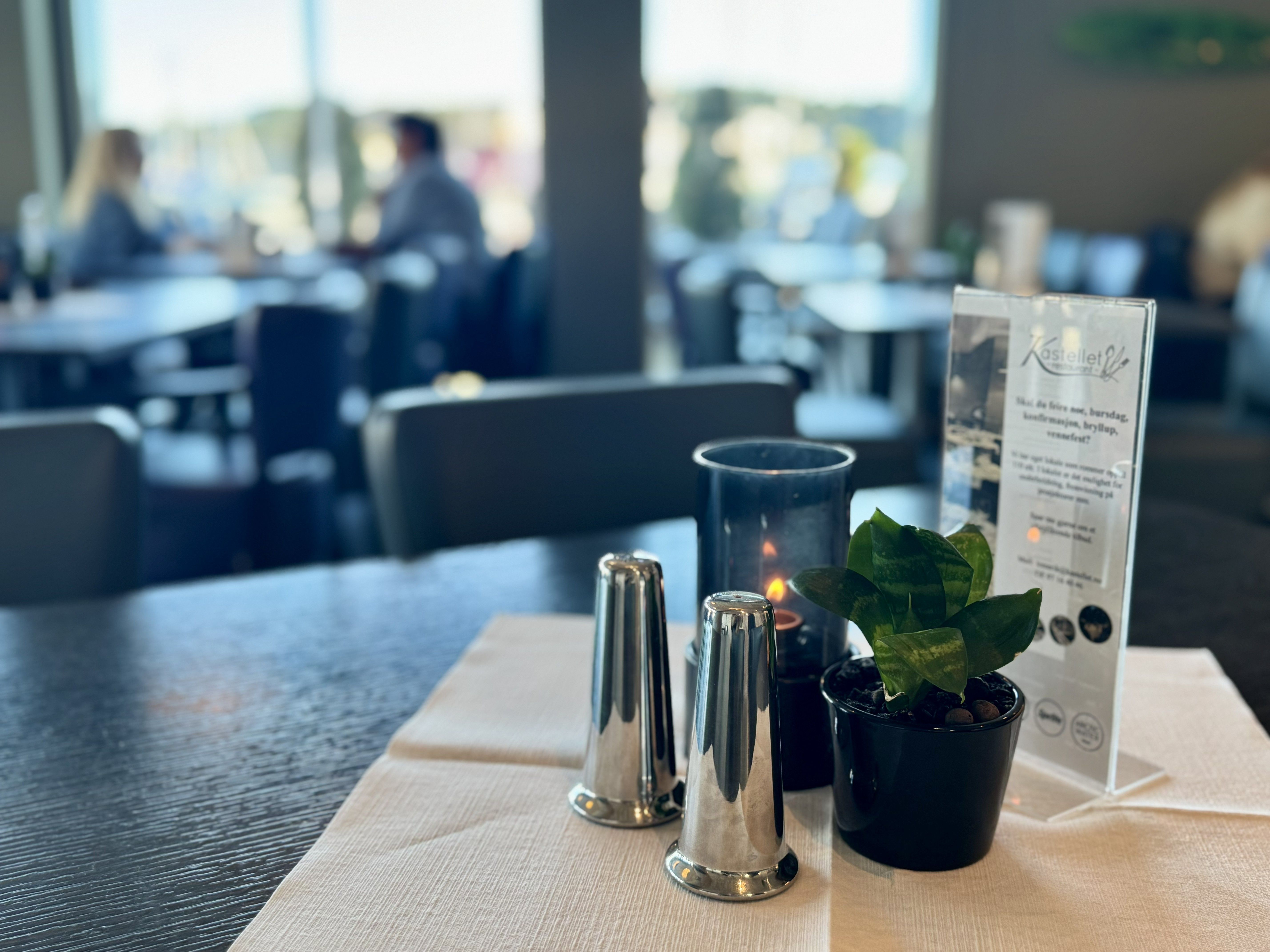 Close-up on the table with salt and pepper, a burning candle, and a small cozy plant.

